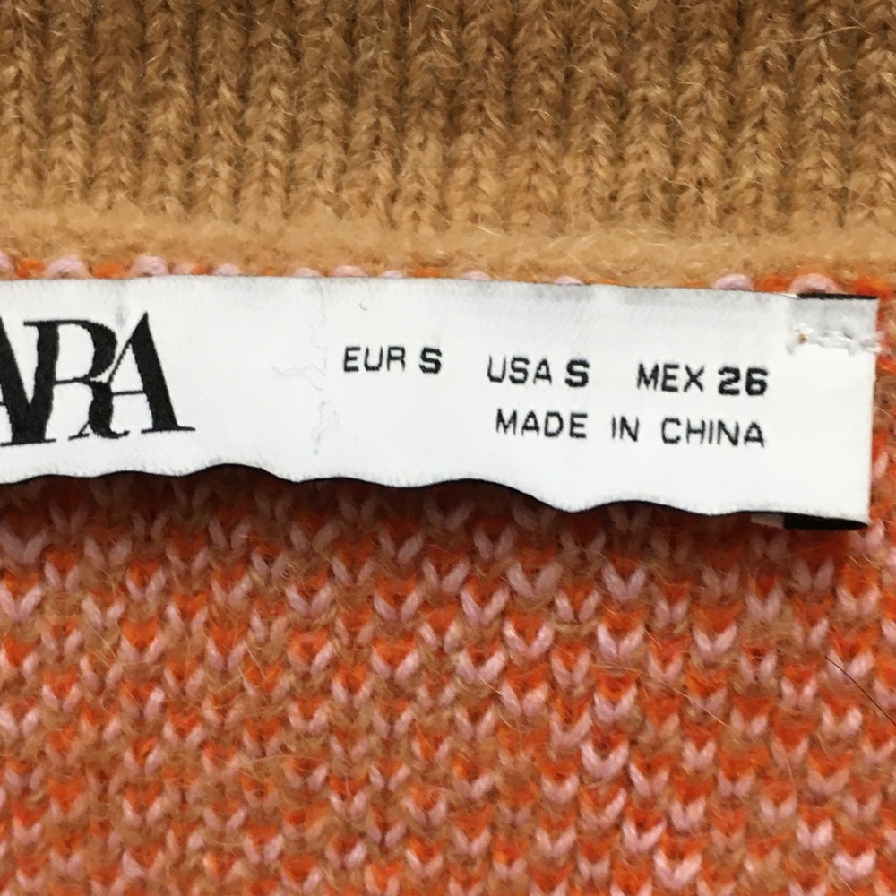 Zara Alpaca Wool Blend Argyle Crop Sweater Medium Tan Orange Stretch Cozy Fall - Picture 2 of 8
